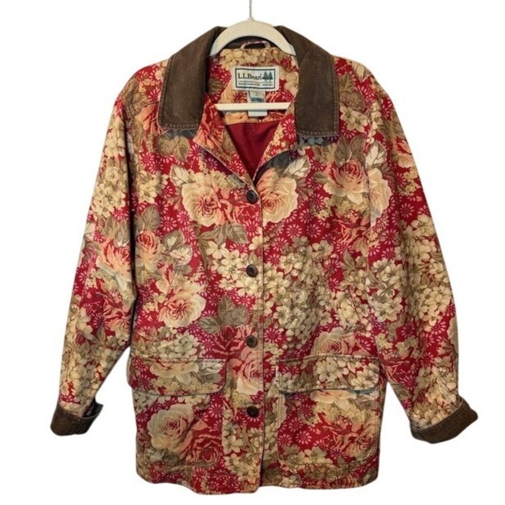 Vintage Women's LL Bean Red Floral Barn Field Utility 90s Barn Chore Jacket PL